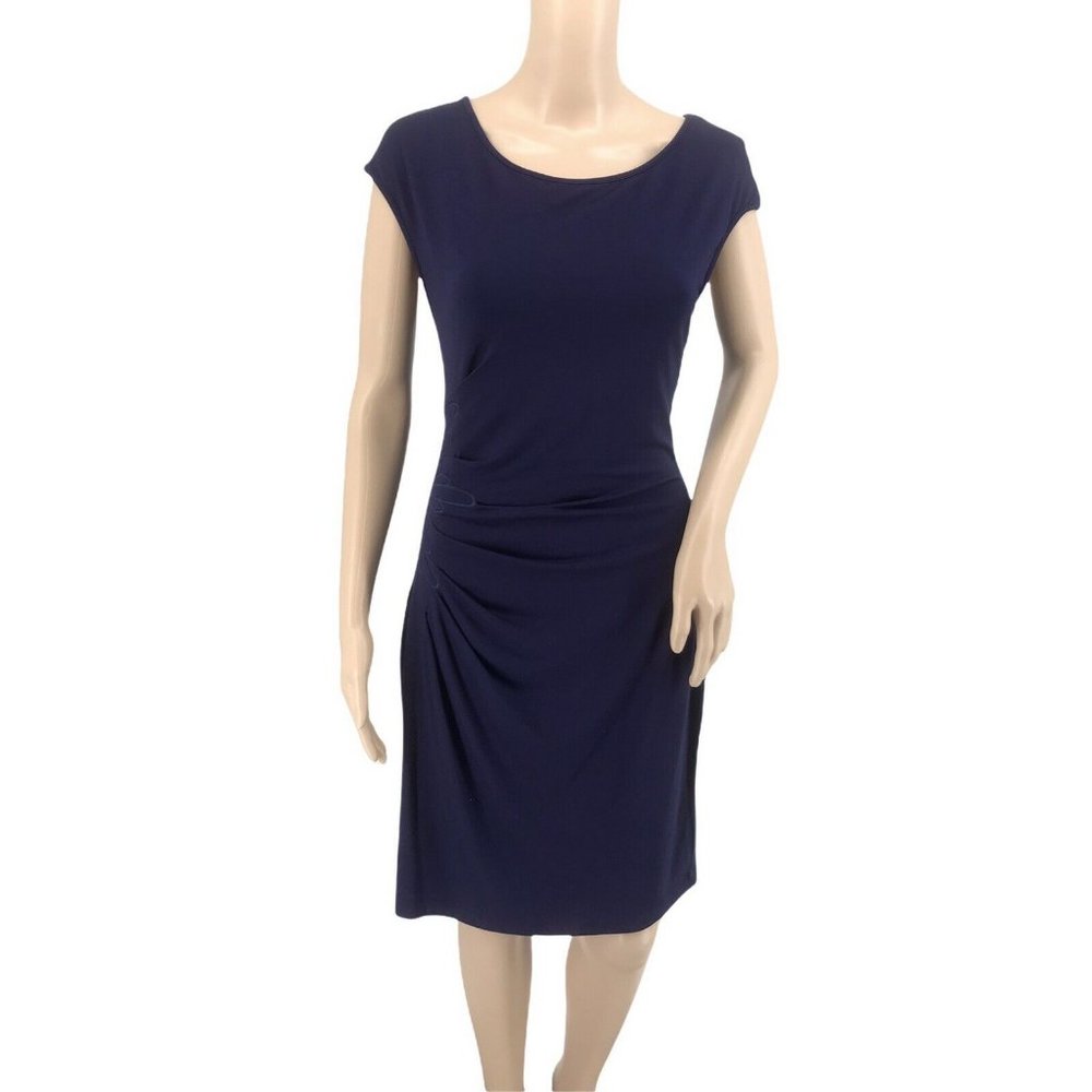 Catherine Maladrino Midi Sheath Dress L Cap Sleeve Embroidery Navy Blue Stretchy